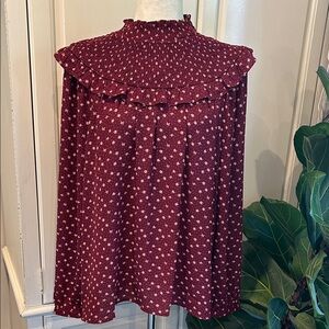 LOFT Floral Burgundy Ruffle Long Sleeve Blouse Size XL